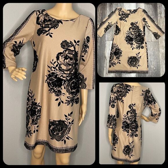 Chadwick’s 3/4 Sleeve Tan and Black Floral Dress With Raised Floral Print Size 4 - Picture 1 of 14